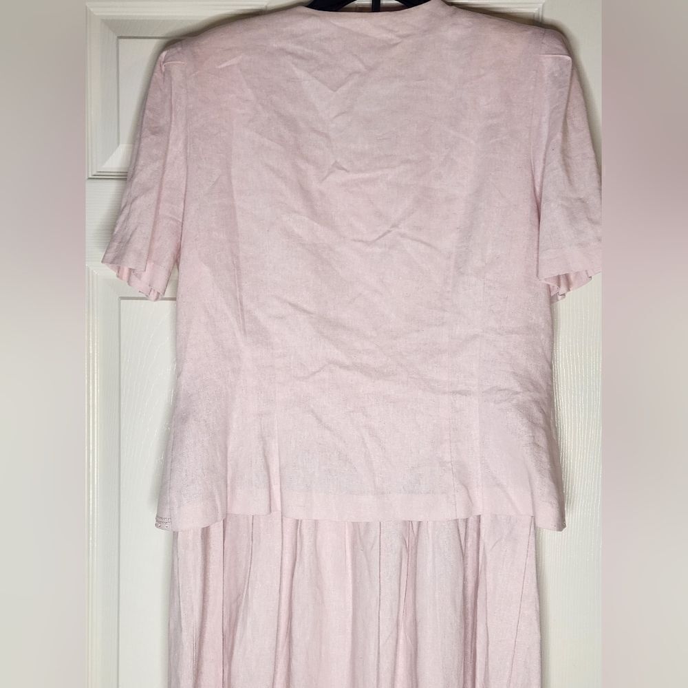 Vtg Karin Stevens 14 PastelPink LINENBlendFaux2Piece Women Midi Embroidery Dress - Picture 8 of 13